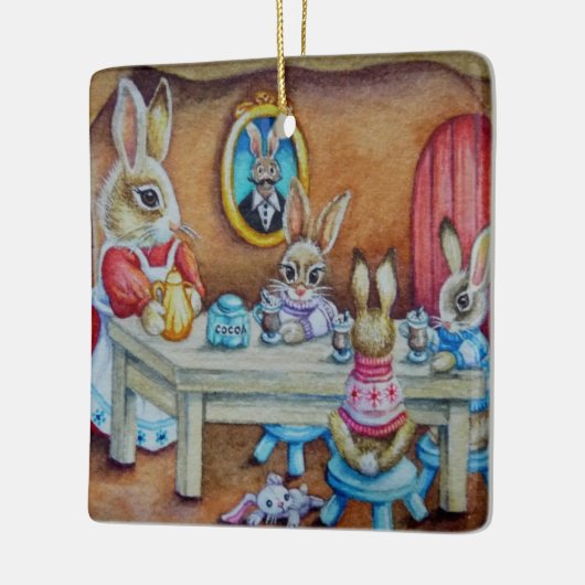 バニーラビットファミリーホットココアブレイクウォーターカラーアート セラミックオーナメント (左)