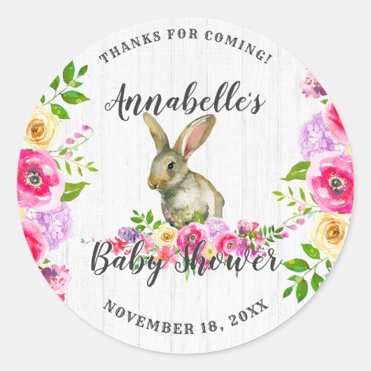 バニーラビットフローラベビーガールシャワーサンキュー ラウンドシール (正面)
