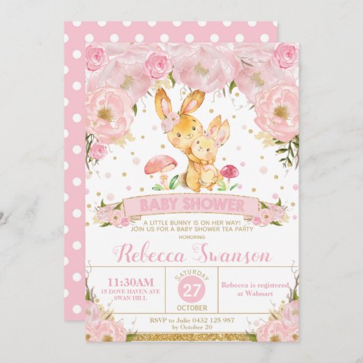 バニーラビットフローラベビーシャワー招待状ガール 招待状 (正面/裏面)