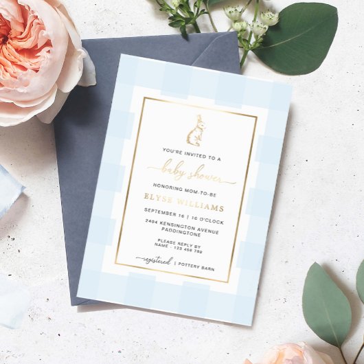 バニーラビットブルーギンガムベビーシャワーフォイル招待状 箔招待状