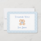 バニーラビットブルーホワイト水玉模様ボーイベビーシャワー サンキューカード (正面)