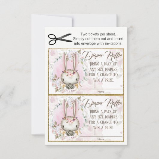 バニーラビットベビーガールおむつラッフルチケット 招待状 (正面)