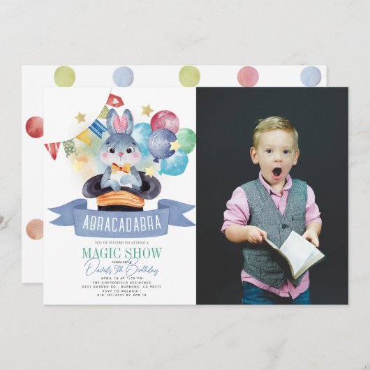 バニーラビット魔法ショーボーイ誕生日写真 招待状 (正面/裏面)