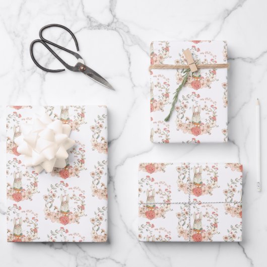 バニーリーフ花模様パターンベビーガール ラッピングペーパーシート (正面)