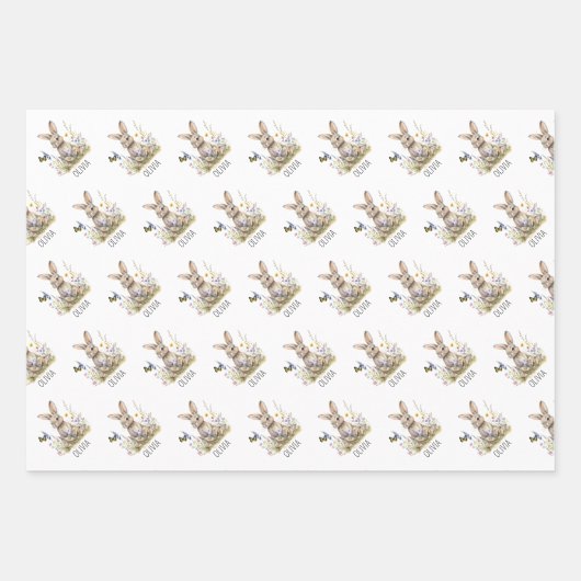 バニーワイルドフラワーズ名前をカスタムする ラッピングペーパーシート (正面2)