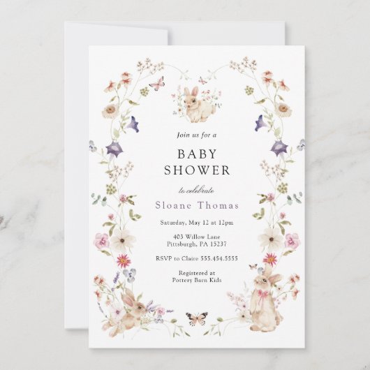 バニーワイルドフラワーベビーシャワー招待状 招待状 (正面)