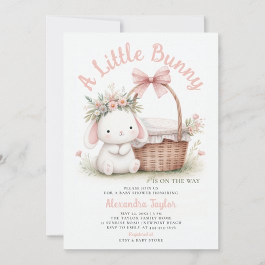 バニーワイルドフラワーボウピクニックピンクベビーガールシャワー 招待状 (正面)