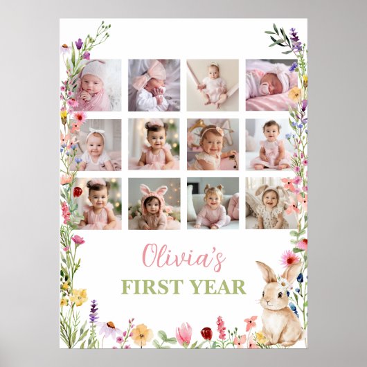 バニーワイルドフラワー1年目の写真マイルストーンのサイン ポスター (正面)