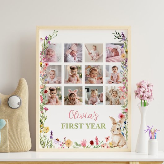 バニーワイルドフラワー1年目の写真マイルストーンのサイン ポスター