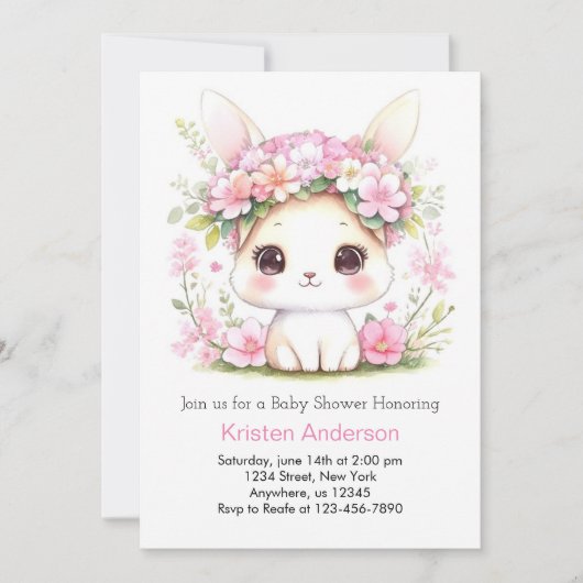 バニーワンダーランドウィムシーガールベビーシャワー 招待状 (正面)