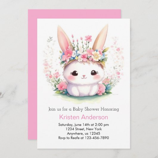 バニーワンダーランド水彩少女ベビーシャワー 招待状 (正面/裏面)