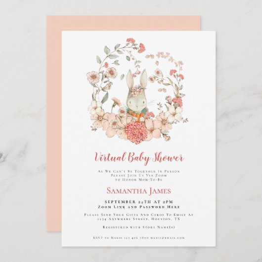 バニーヴィンテージピーチ葉バーチャルベビーシャワー 招待状 (正面/裏面)
