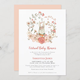 バニーヴィンテージピーチ葉バーチャルベビーシャワー 招待状