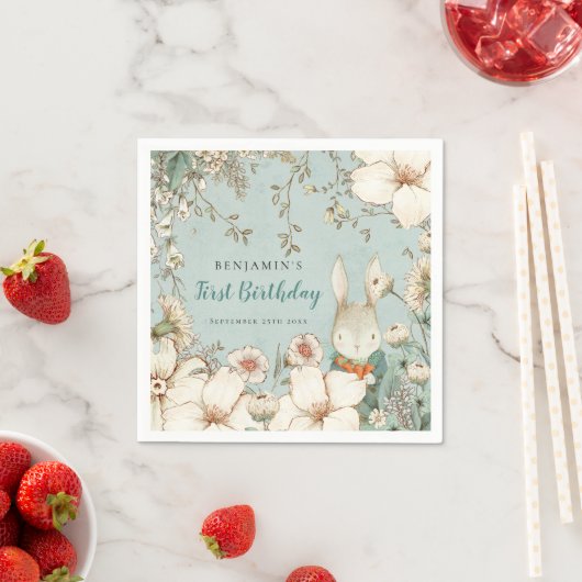 バニーヴィンテージ葉パウダーブルー1歳の誕生日 スタンダードカクテルナプキン (インサイチュ)