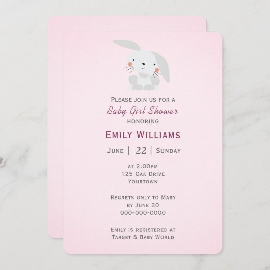 バニー付きベビーガールシャワー 招待状 (正面/裏面)