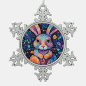 バニー座って花のハート スノーフレークピューターオーナメント (正面)