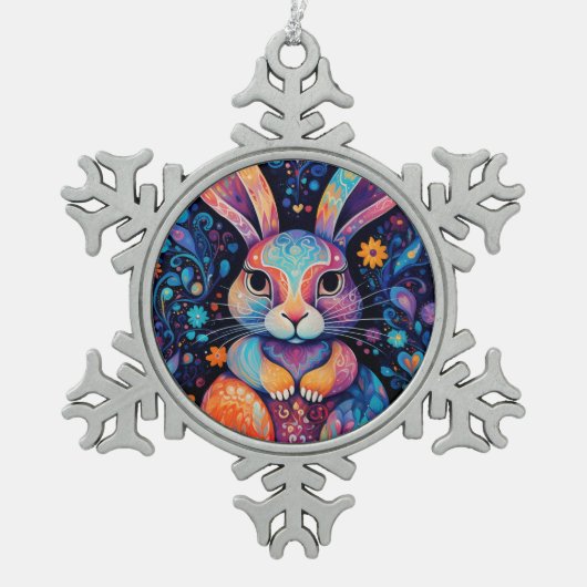 バニー座って花のハート スノーフレークピューターオーナメント (正面)