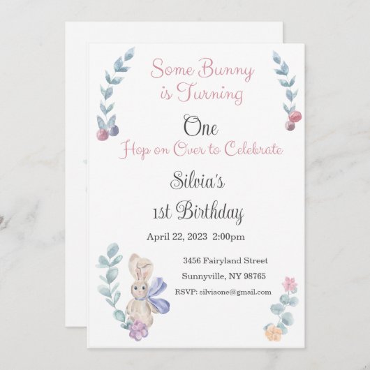 バニー招待状、1つ、誕生日、2つ、いくつかのバニー 招待状 (正面/裏面)