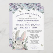 バニー水彩フローラ紫色の仮想ベビーシャワー 招待状 (正面/裏面)
