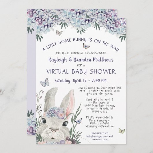 バニー水彩フローラ紫色の仮想ベビーシャワー 招待状 (正面/裏面)