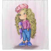 バニー玩具シャワーカーテンを持ったかわいい女の子 シャワーカーテン (正面)