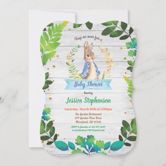 バニー男の赤ちゃんのシャワー招待状。春イースター 招待状 (正面)