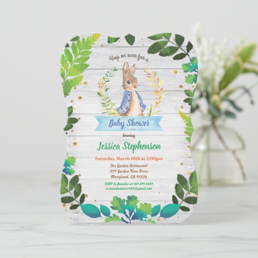 バニー男の赤ちゃんのシャワー招待状。春イースター 招待状 (スタンド正面)