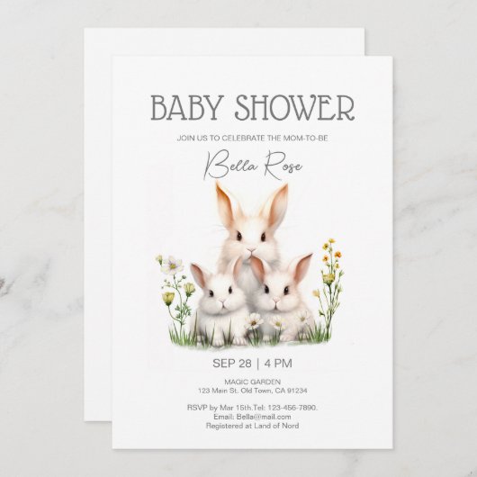 バニー男女兼用ベビーシャワー招待状 招待状 (正面/裏面)