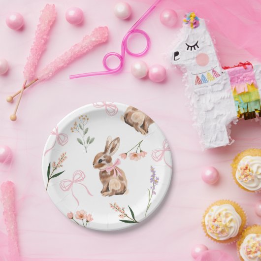 バニー紙プレートピンク弓ワイルドフラワーイースター ペーパープレート (パーティー)