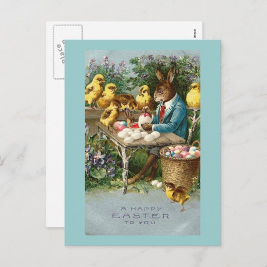 バニー絵画のイースターエッグヴィンテージ シーズンポストカード (正面/裏面)