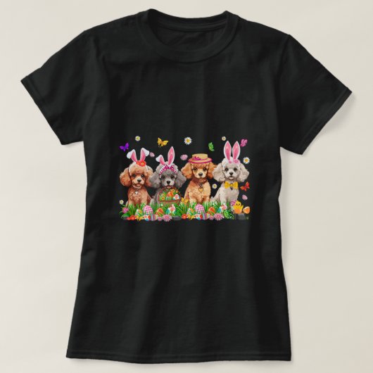 バニー耳の卵カゴのイースターと可愛いプードル犬 Tシャツ (デザイン正面)