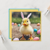 バニー耳を着た可愛いアヒルAIフォトイースター カード (正面/裏面インサイチュ)