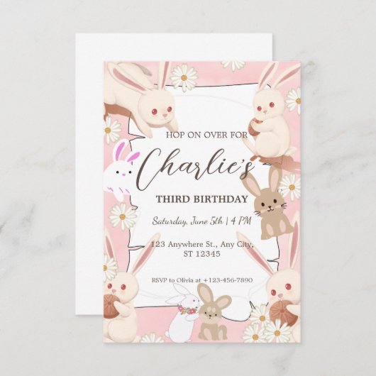 バニー誕生日による子どもの招待 招待状 (正面/裏面)