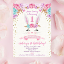 バニー誕生日の招待ピンクと金ゴールド1st first
