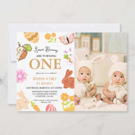 バニー誕生日イースターエッグツイン1st第1誕生日 招待状 (正面)