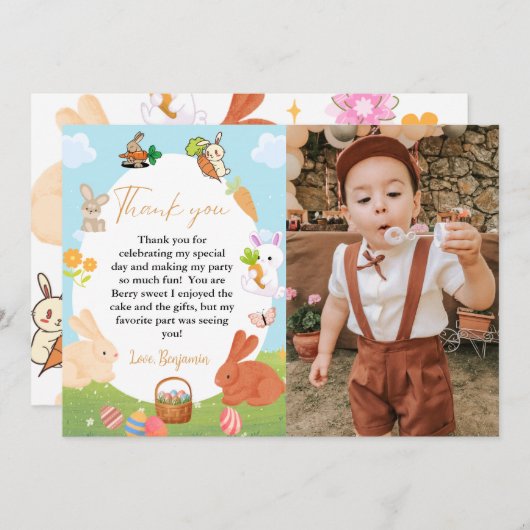 バニー誕生日イースターエッグ狩りサンキューカード 案内状 (正面/裏面)