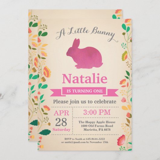 バニー誕生日ガールイースターエッグ第1誕生日 招待状 (正面/裏面)