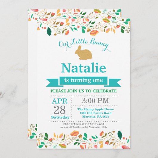 バニー誕生日ガールイースターエッグ1st最初の誕生日 招待状 (正面/裏面)