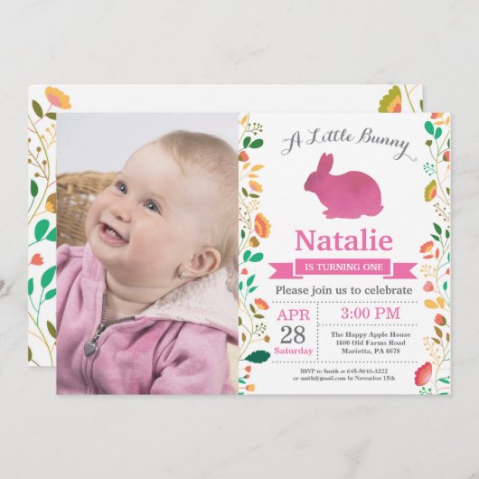 バニー誕生日ガールイースターエッグ1st最初の誕生日 招待状 (正面/裏面)