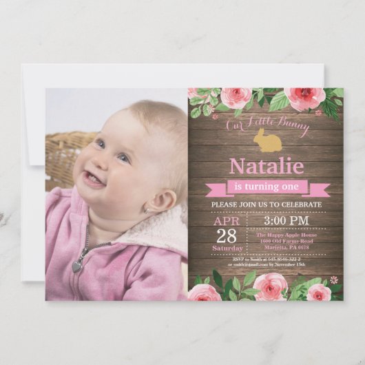 バニー誕生日ガールイースターエッグ1st最初の誕生日 招待状 (正面)
