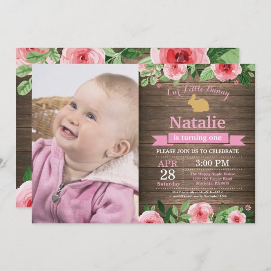 バニー誕生日ガールイースターエッグ1st最初の誕生日 招待状 (正面/裏面)