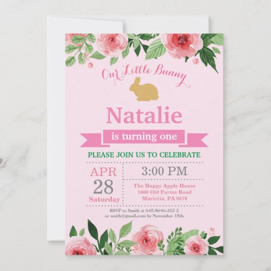 バニー誕生日ガールイースターエッグ1st最初の誕生日 招待状 (正面)