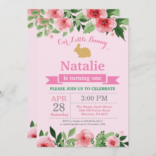 バニー誕生日ガールイースターエッグ1st最初の誕生日 招待状 (正面/裏面)