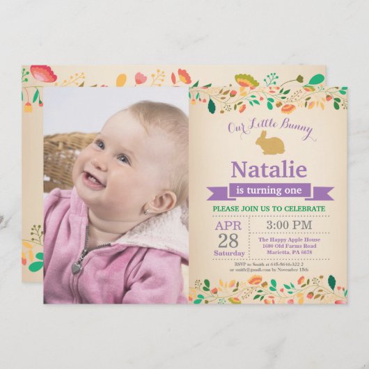 バニー誕生日ガールイースターエッグ1st最初の誕生日 招待状 (正面/裏面)