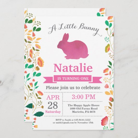 バニー誕生日ガールイースターエッグ1st最初の誕生日 招待状 (正面/裏面)