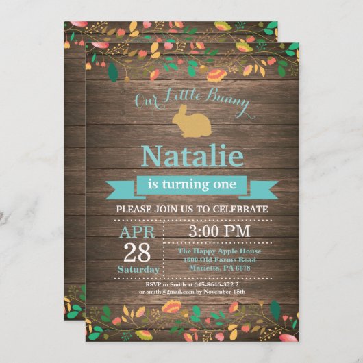 バニー誕生日ガールイースターエッグ1st最初の誕生日 招待状 (正面/裏面)