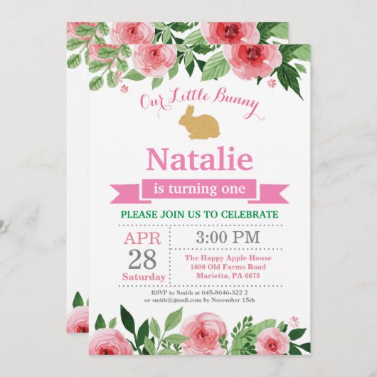 バニー誕生日ガールイースターエッグ1st最初の誕生日 招待状 (正面/裏面)