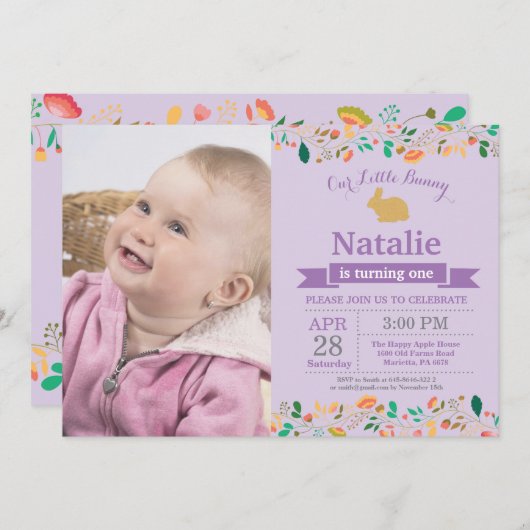 バニー誕生日ガールイースターエッグ1st最初の誕生日 招待状 (正面/裏面)