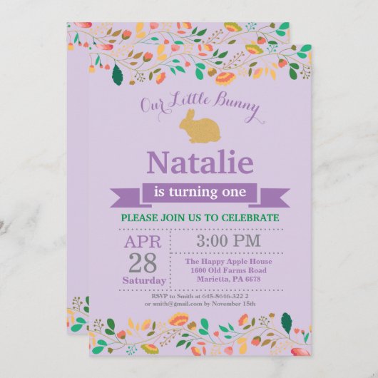 バニー誕生日ガールイースターエッグ1st最初の誕生日 招待状 (正面/裏面)
