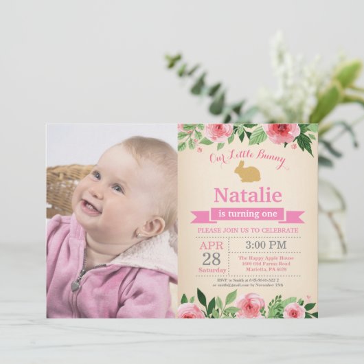 バニー誕生日ガールイースターエッグ1st最初の誕生日 招待状 (スタンド正面)